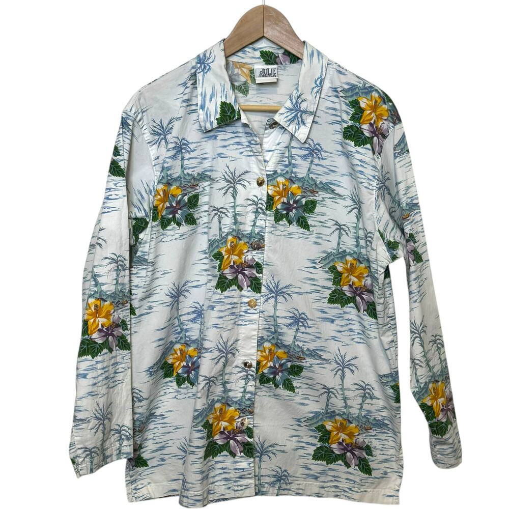 Vintage Julie Mango Size XL Made in USA Tropical Hawaiian Print Blouse Bling